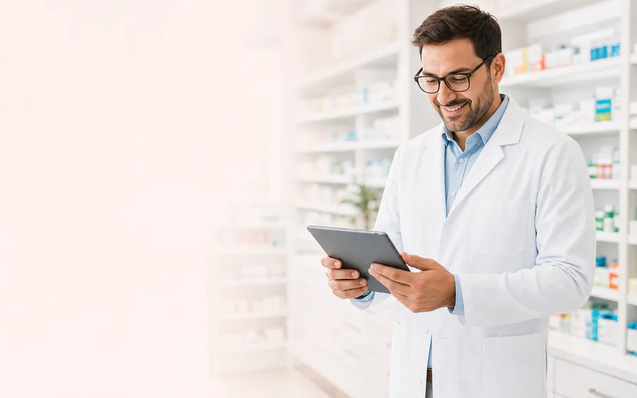 Eczanede tablet kullanan eczacı
